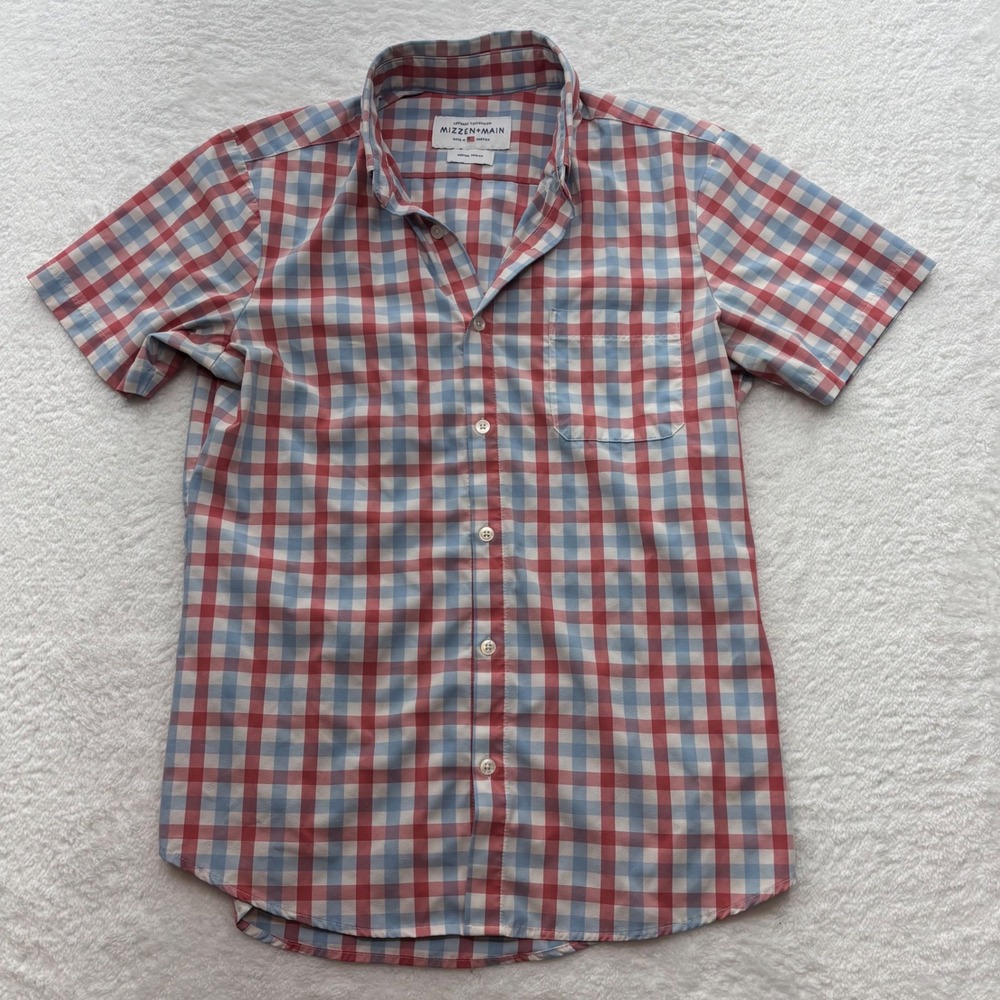 Mizzen+Main Leeward Plaid Short Sleeve Button Down Shirt Red Blue Medium Trim